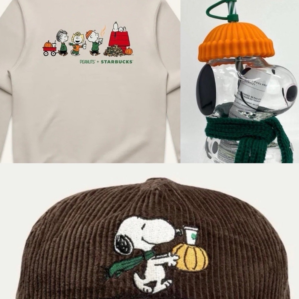 Starbucks Peanuts Snoopy Glass Cup Sweatshirt L Hat 3PC Lot Reserve Exclusive